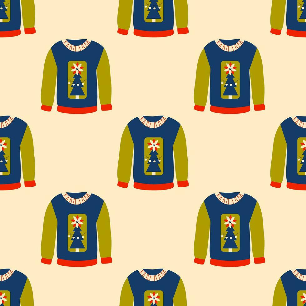 Retro styled winter ugly sweaters seamless pattern, background. Knitted pullowers. Cozy season. Christmas, New Year celebration. Retro vintage colors. vector