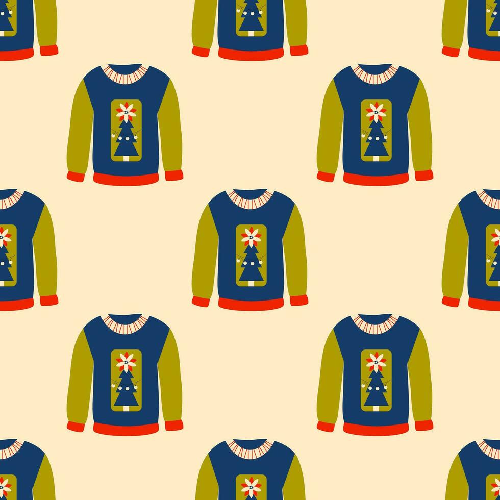 Retro styled winter ugly sweaters seamless pattern, background. Knitted pullowers. Cozy season. Christmas, New Year celebration. Retro vintage colors. vector