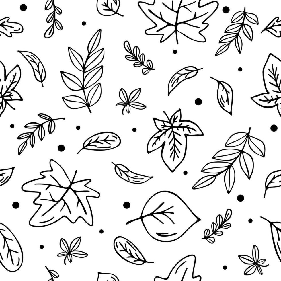 Autumn falling leaves pattern, hand drawn in sketched style, black and white vector illustrations.