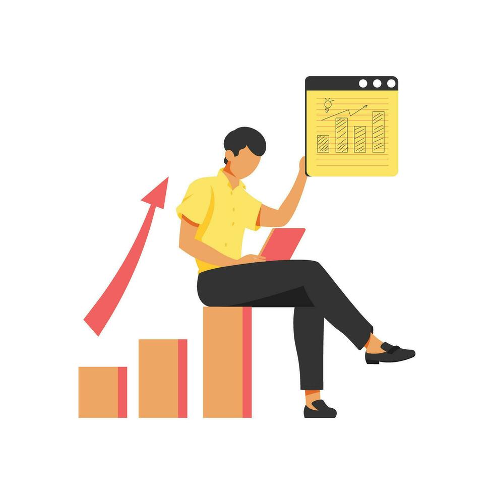Businessman working on laptop with growth graph. Vector illustration in flat style