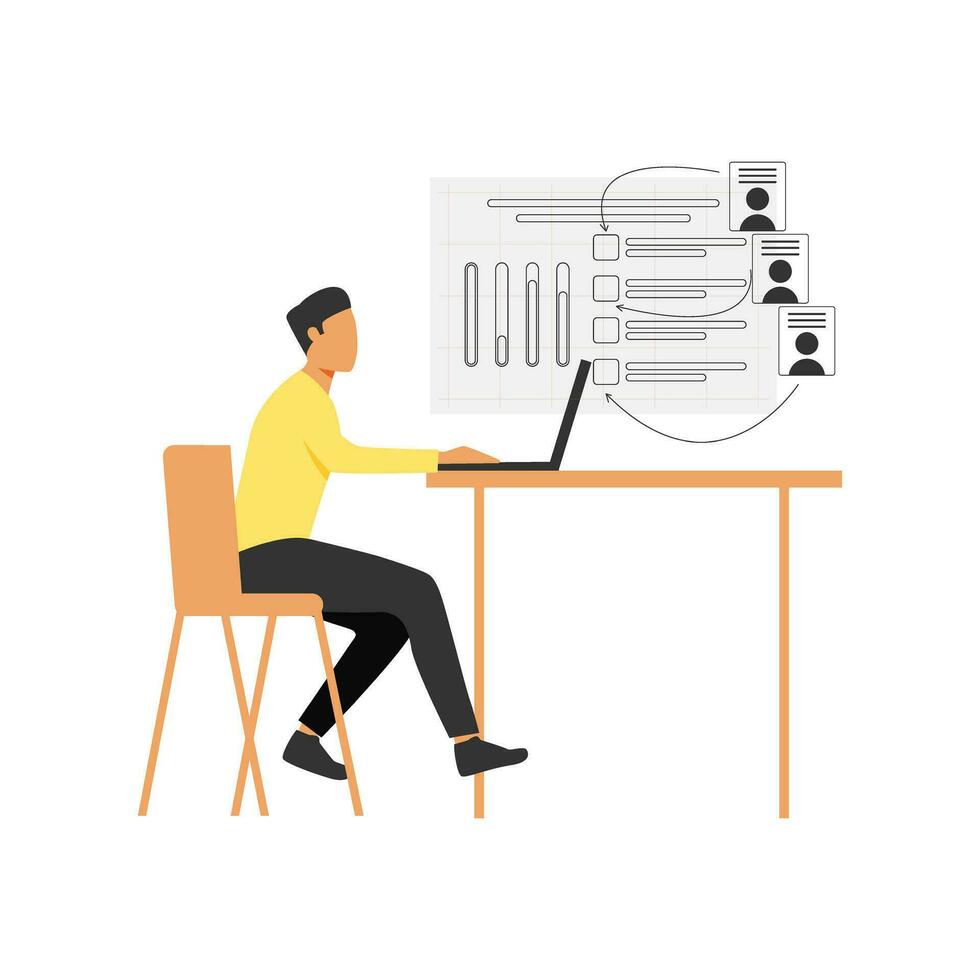 Man sitting at desk and working on laptop. Flat vector illustration.
