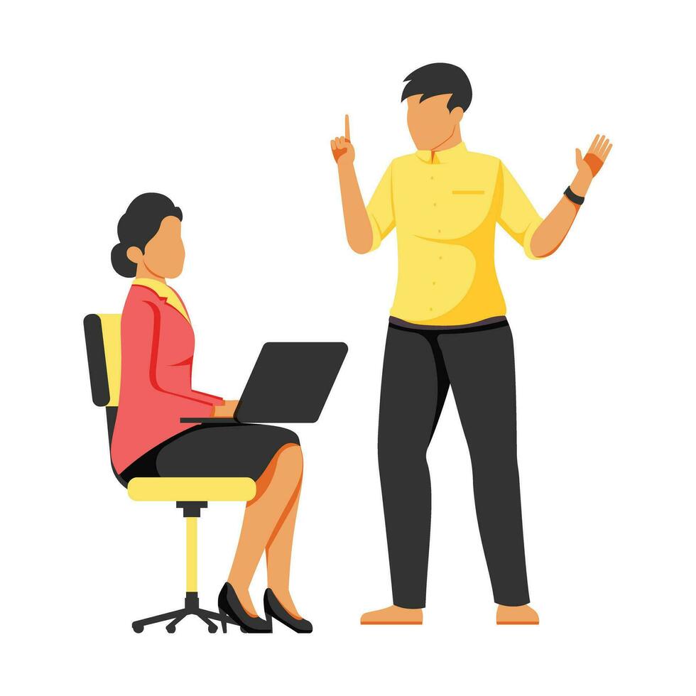 Businessman and businesswoman working in office. Man and woman sitting at desk and discussing something. Vector illustration