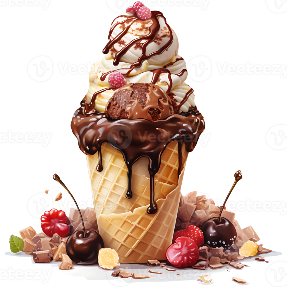 Ice cream in waffle cone watercolor sublimation on a transparent background AI Generative png