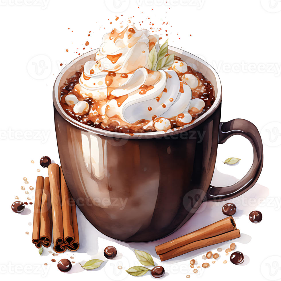 Cup of hot chocolate with marshmallows, cinnamon sticks on a transparent background AI Generative png