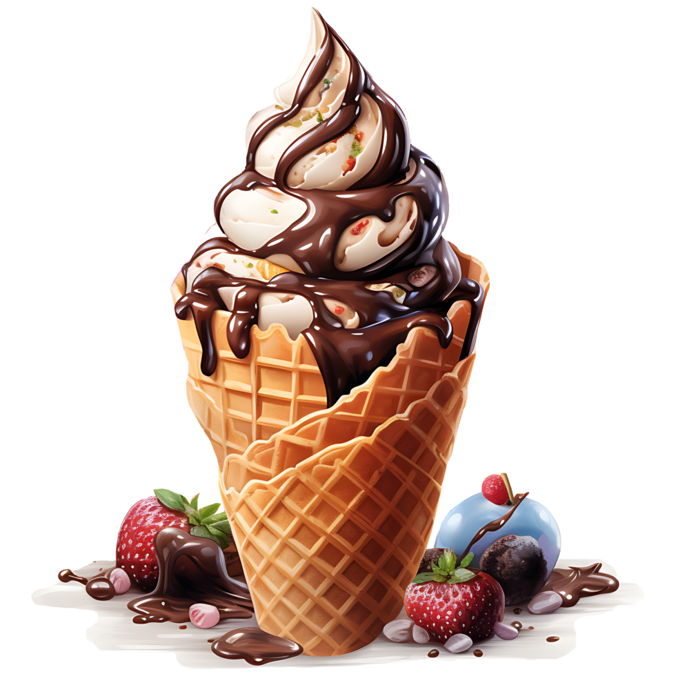 Ice cream in waffle cone watercolor sublimation on a transparent background AI Generative png