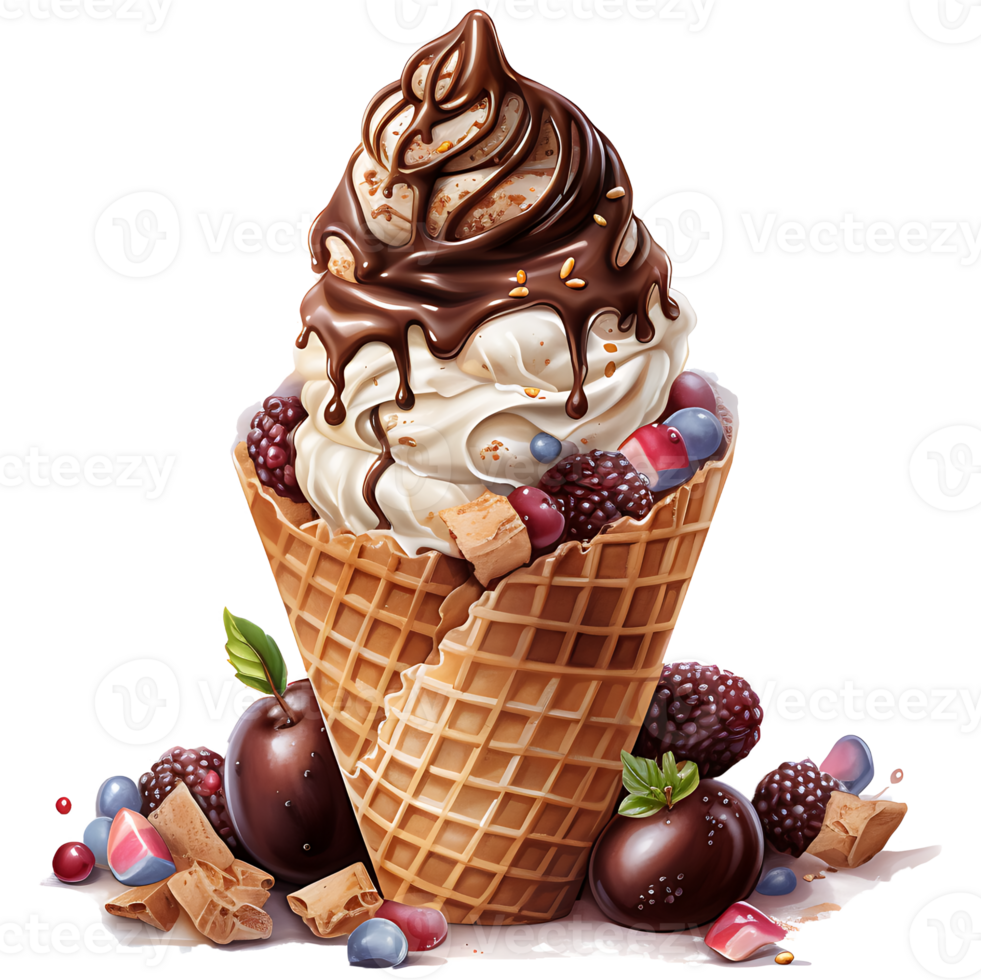 Ice cream in waffle cone watercolor sublimation on a transparent background AI Generative png