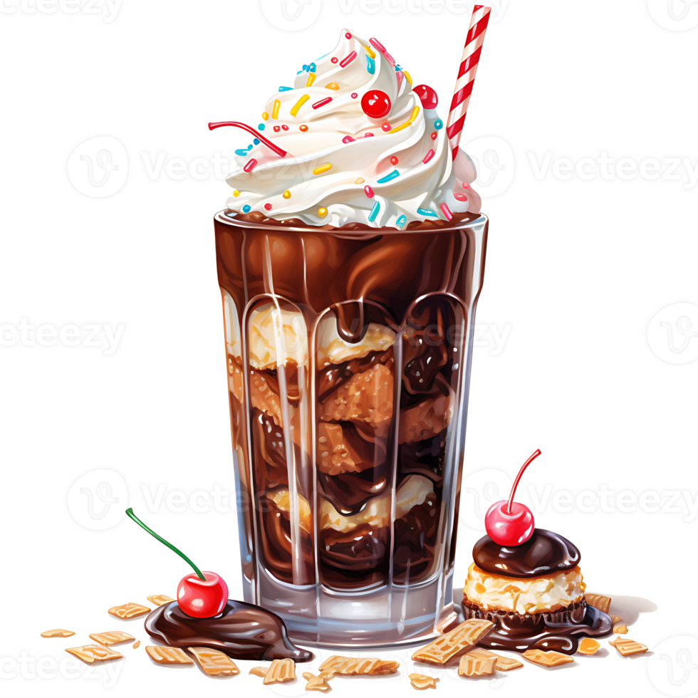 Chocolate milkshake with toppings on a transparent background AI Generative png