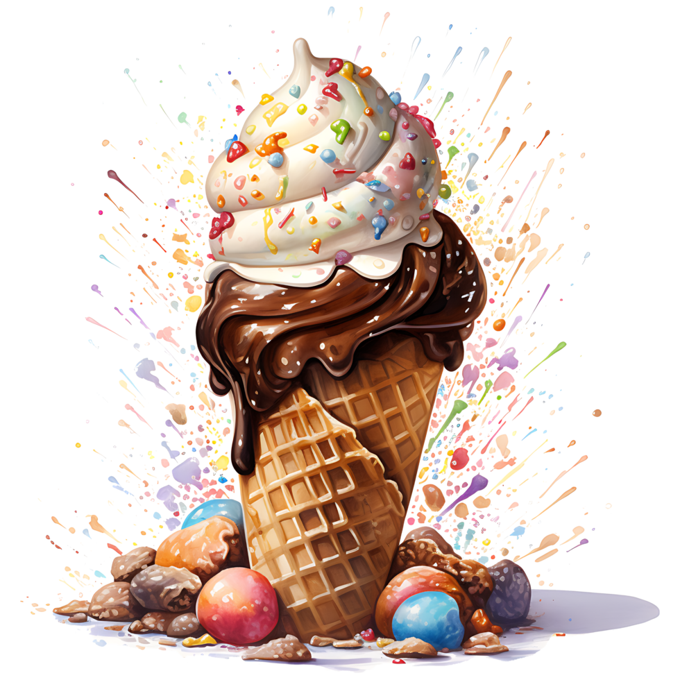 Ice cream in waffle cup with chocolate and cherry on a transparent background AI Generative png