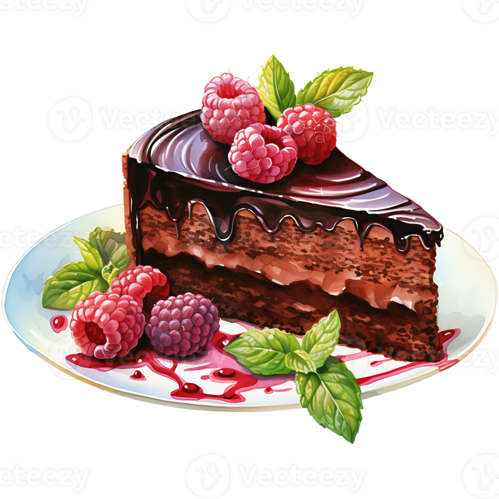 Chocolate cake with whipped cream and raspberries on a transparent background AI Generative png