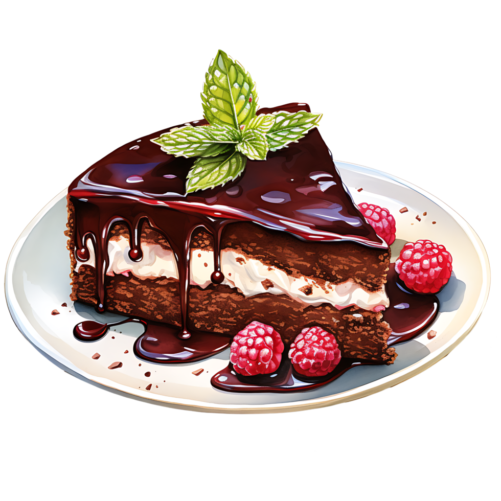 Chocolate cake with whipped cream and raspberries on a transparent background AI Generative png