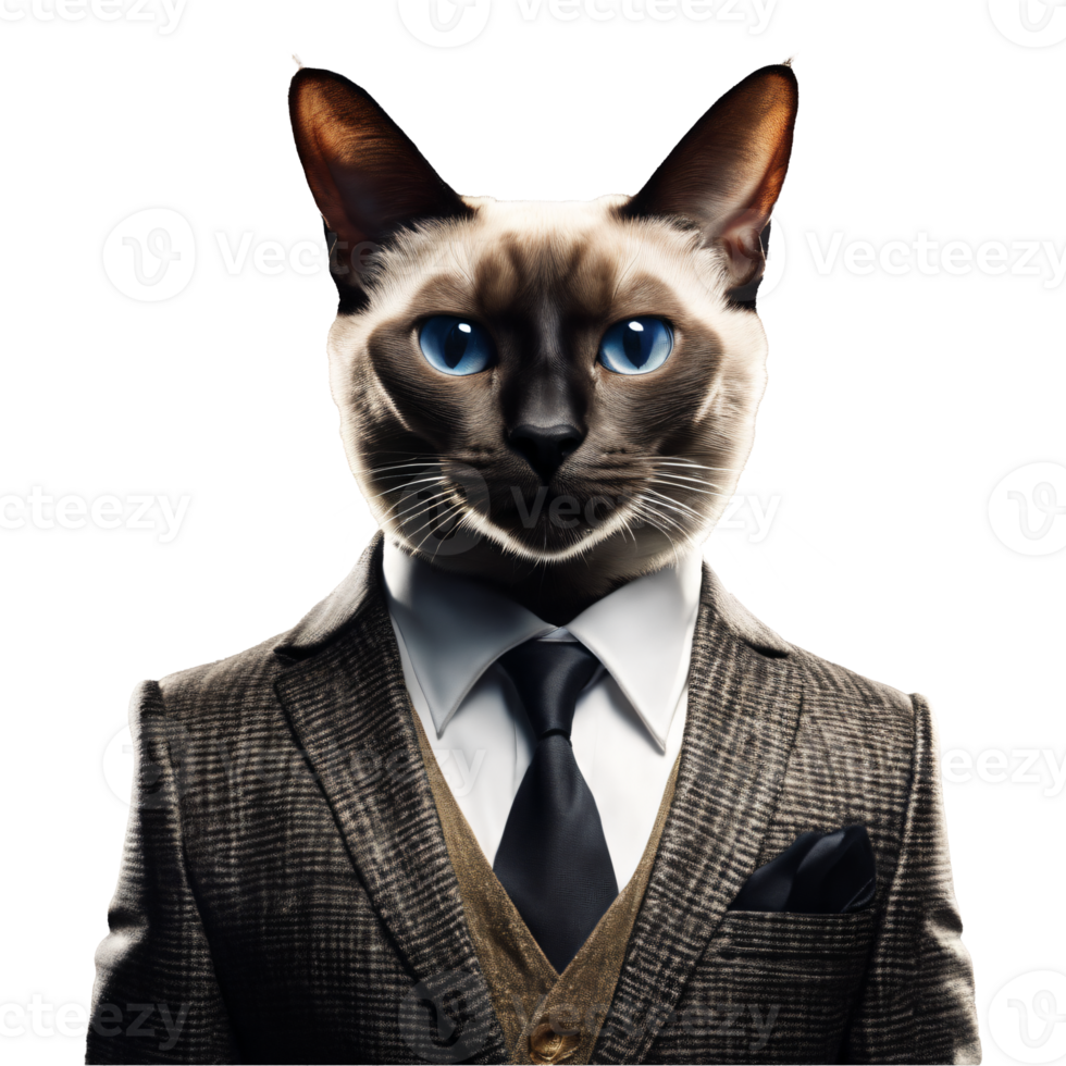 Portrait of Humanoid Anthropomorphic Siamese Cat Wearing Business Suit Isolated Transparent png