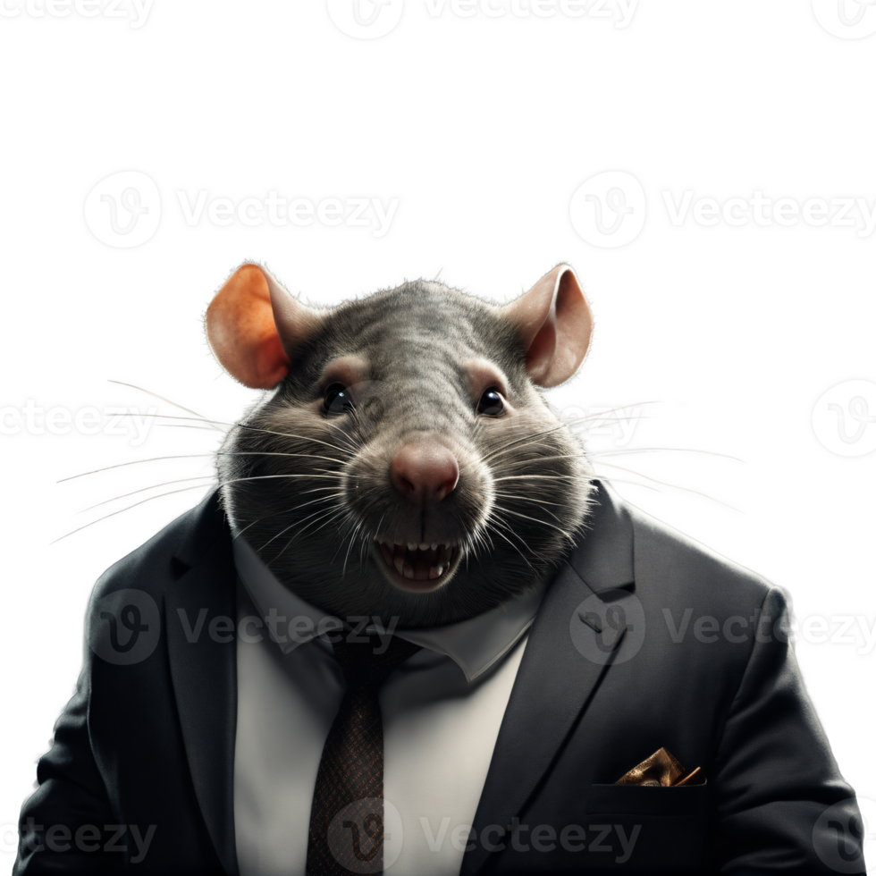 portrait de humanoïde anthropomorphe glouton graisse rat portant noir affaires costume avec mal petit sourire satisfait expression isolé transparent png