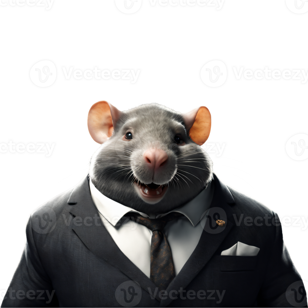 portrait de humanoïde anthropomorphe glouton graisse rat portant noir affaires costume avec mal petit sourire satisfait expression isolé transparent png