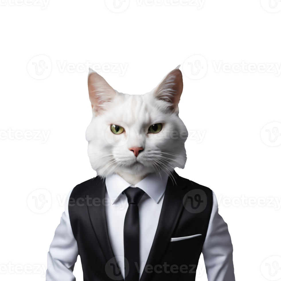 Portrait of Humanoid Anthropomorphic White Cat Wearing Business Suit with Vest Isolated Transparent png