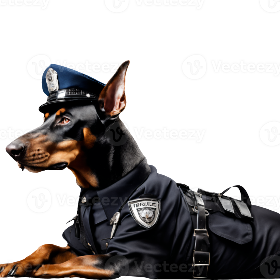 Portrait of Doberman Dog Wearing Police Officer Uniform Isolated Transparent png