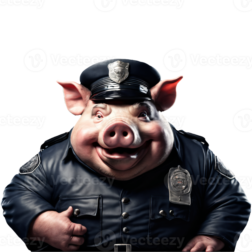 Portrait of Humanoid Anthropomorphic Greedy Fat Pig Wearing Police Officer Suit with Evil Smirk Expression Isolated Transparent png