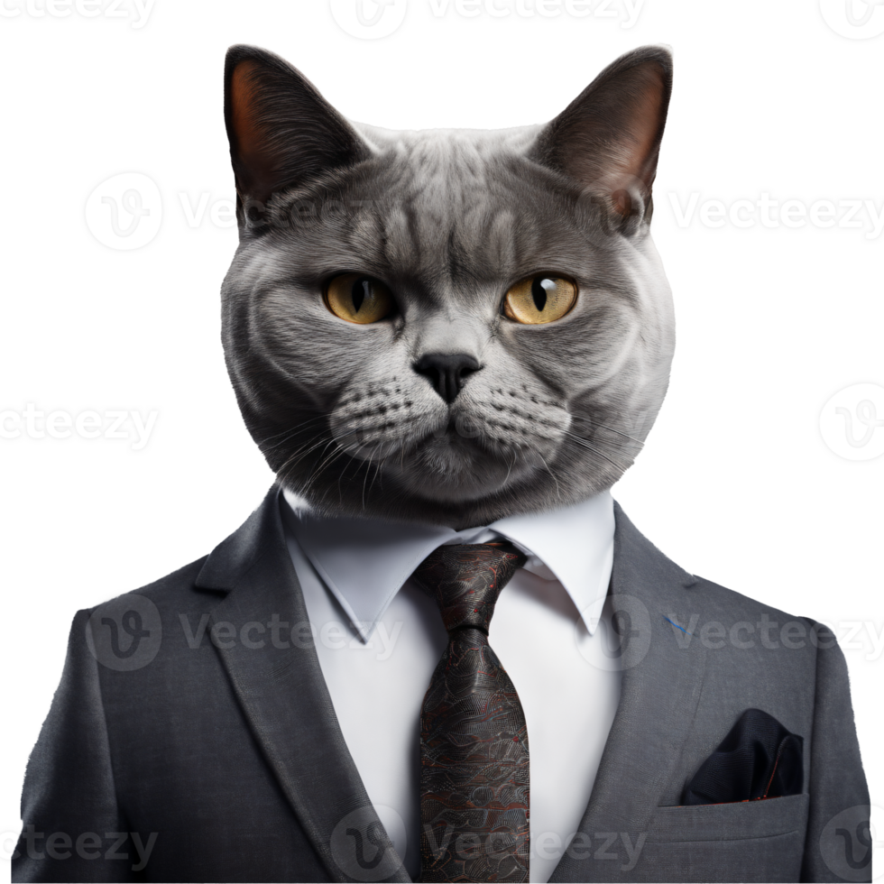 Portrait of Humanoid Anthropomorphic Gray British Shorthair Cat Wearing Business Suit Isolated Transparent png