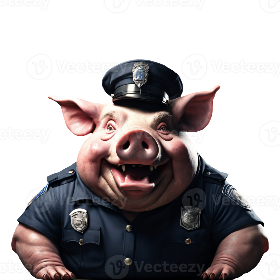 Portrait of Humanoid Anthropomorphic Greedy Fat Pig Wearing Police Officer Suit with Evil Smirk Expression Isolated Transparent png