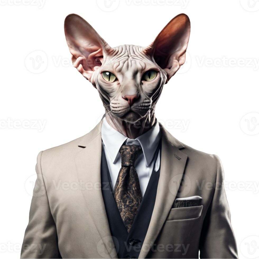 Portrait of Humanoid Anthropomorphic Sphynx Cat Wearing Business Suit Isolated Transparent png