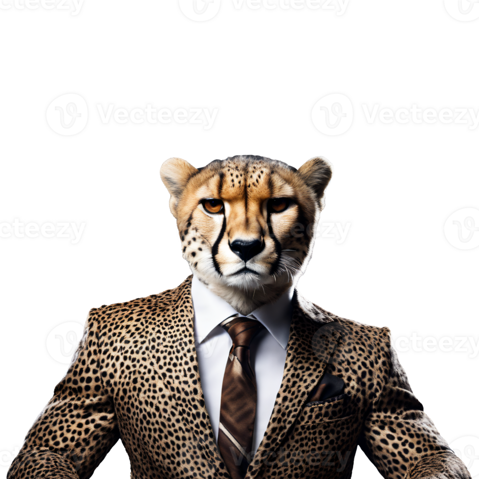 Portrait of Humanoid Anthropomorphic Cheetah Wearing Leopard Business Suit Isolated Transparent png