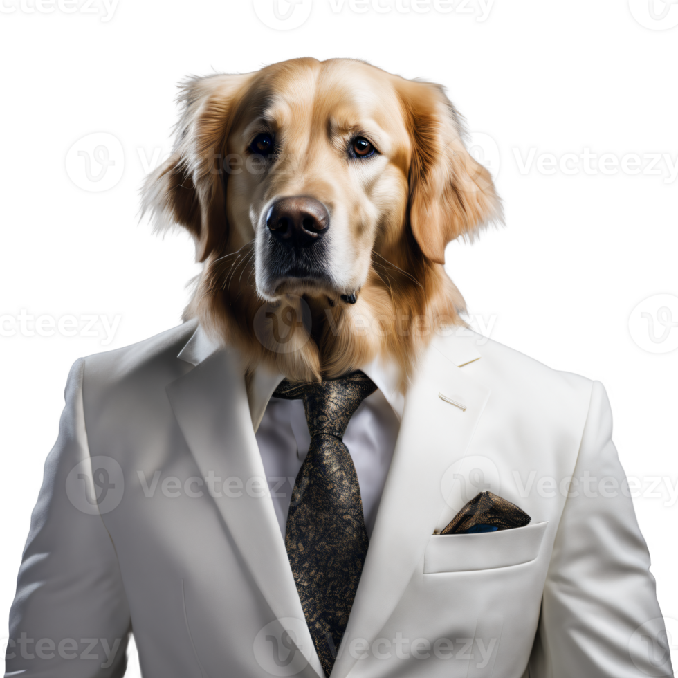 Portrait of Humanoid Anthropomorphic Golden Retriever Dog Wearing White Business Suit Isolated Transparent png