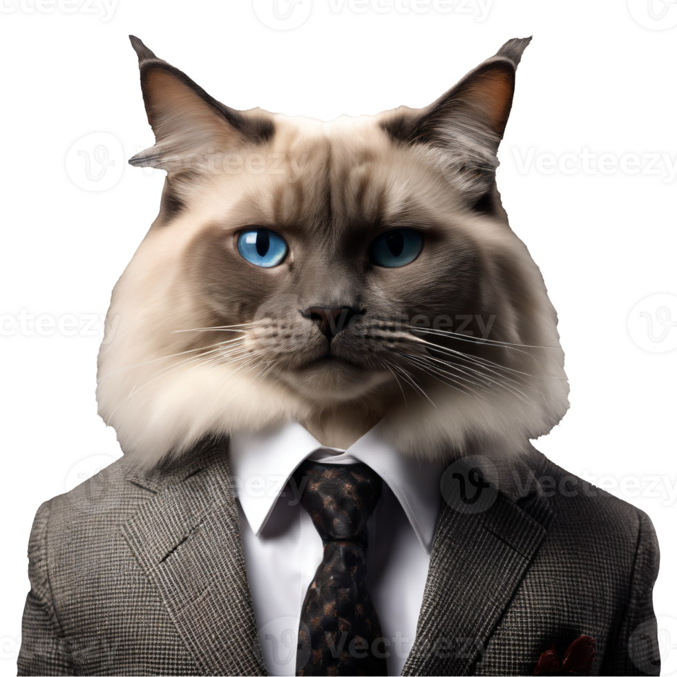Portrait of Humanoid Anthropomorphic Ragdoll Cat Wearing Gray Business Suit Isolated Transparent png