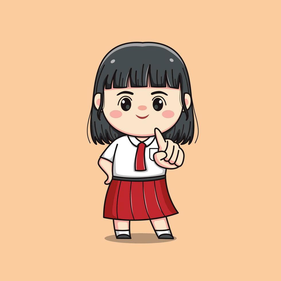 indonesio estudiante elemental colegio con señalando dedo linda kawaii niña personaje vector