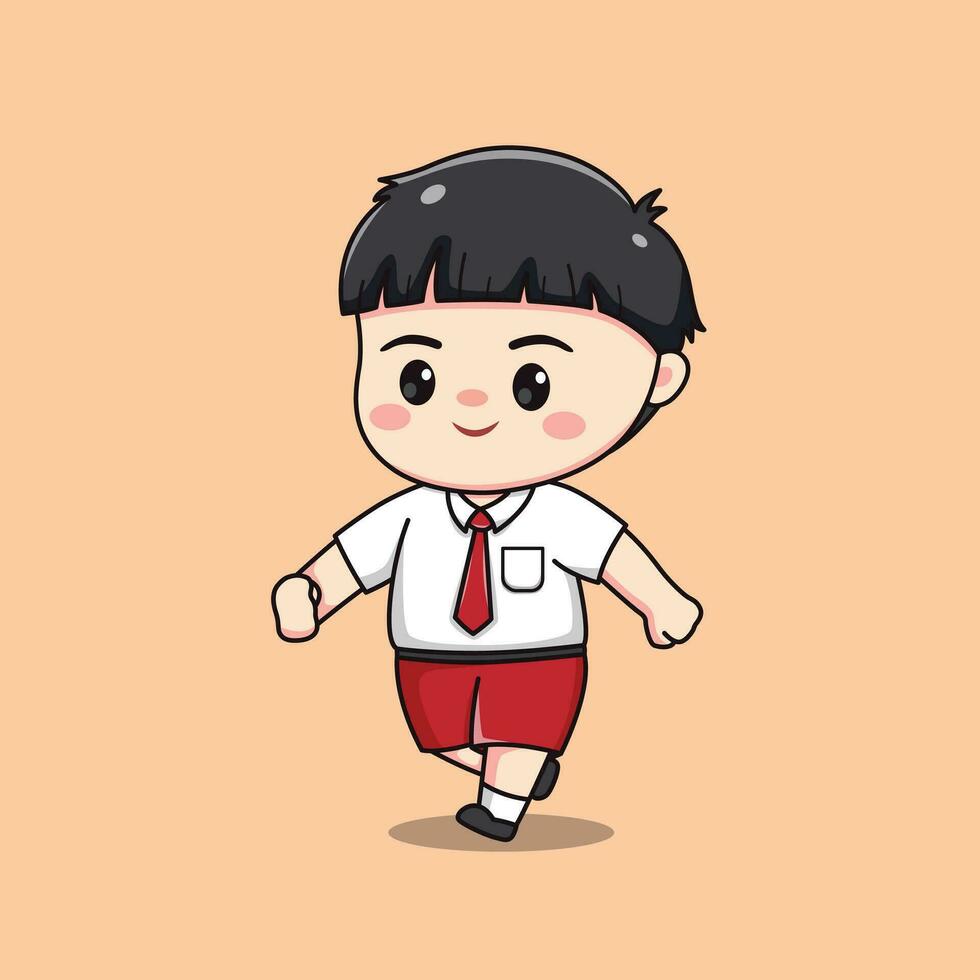 Indonesian student elementary school walking cute kawaii boy character vector