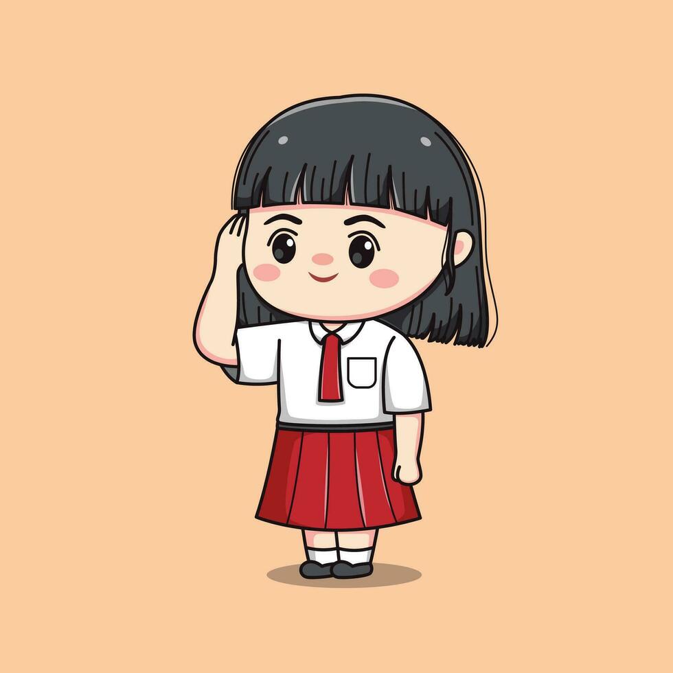 indonesio estudiante elemental colegio saludando linda kawaii niña personaje vector