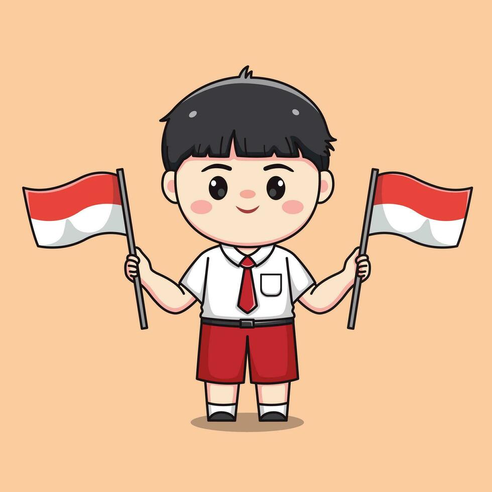 Indonesian student elementary school holding flag cute kawaii boy character vector