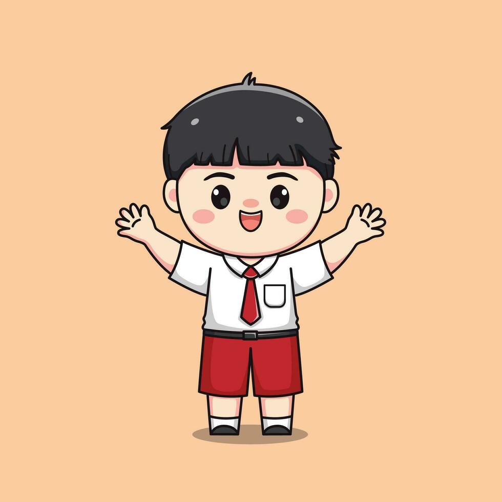 Indonesian student elementary school hands up cute kawaii boy character vector