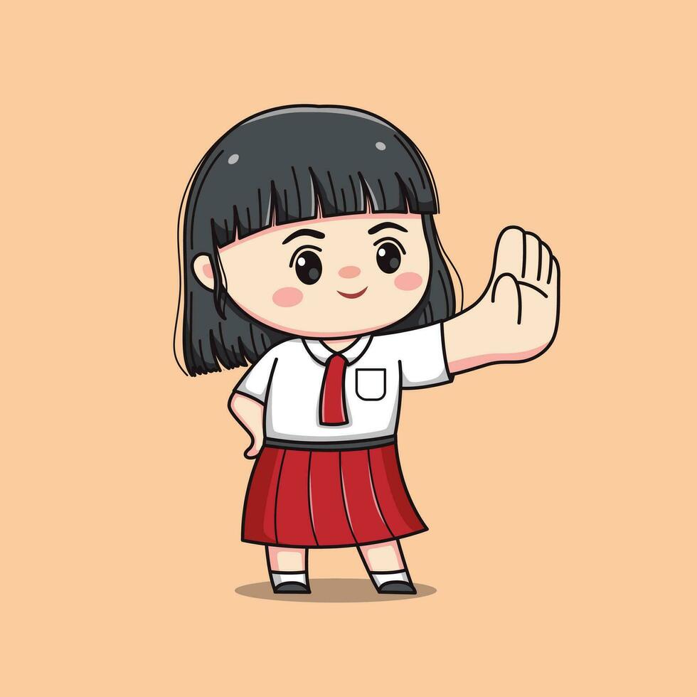 indonesio estudiante elemental colegio con detener firmar linda kawaii niña personaje vector