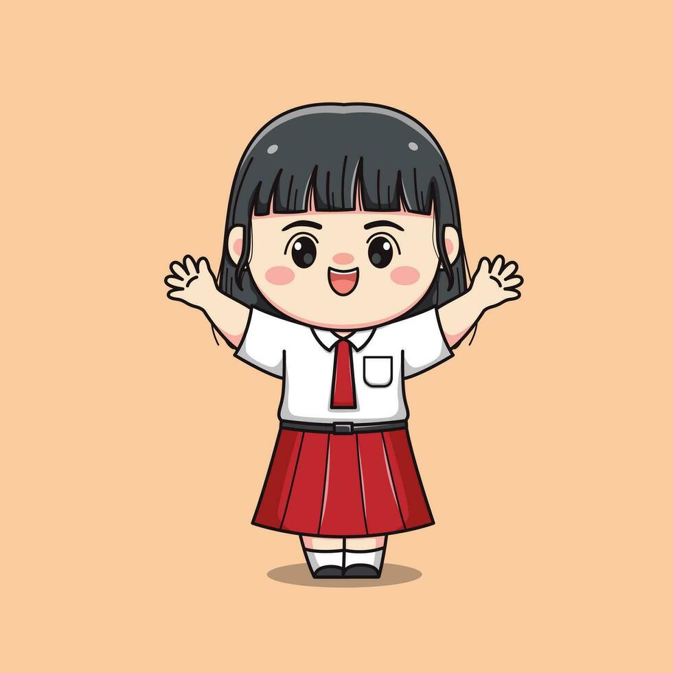 Indonesian student elementary school hands up cute kawaii girl character vector