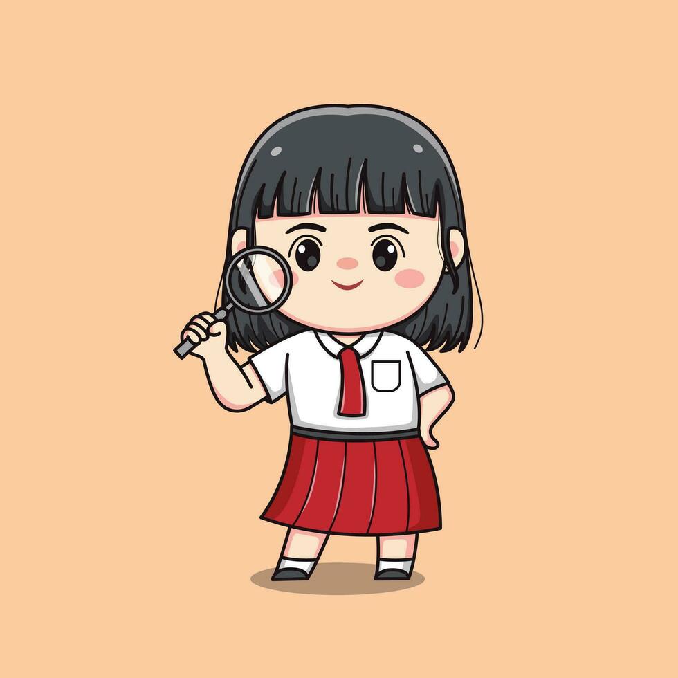 Indonesian student elementary school with magnifying glass cute kawaii girl character vector