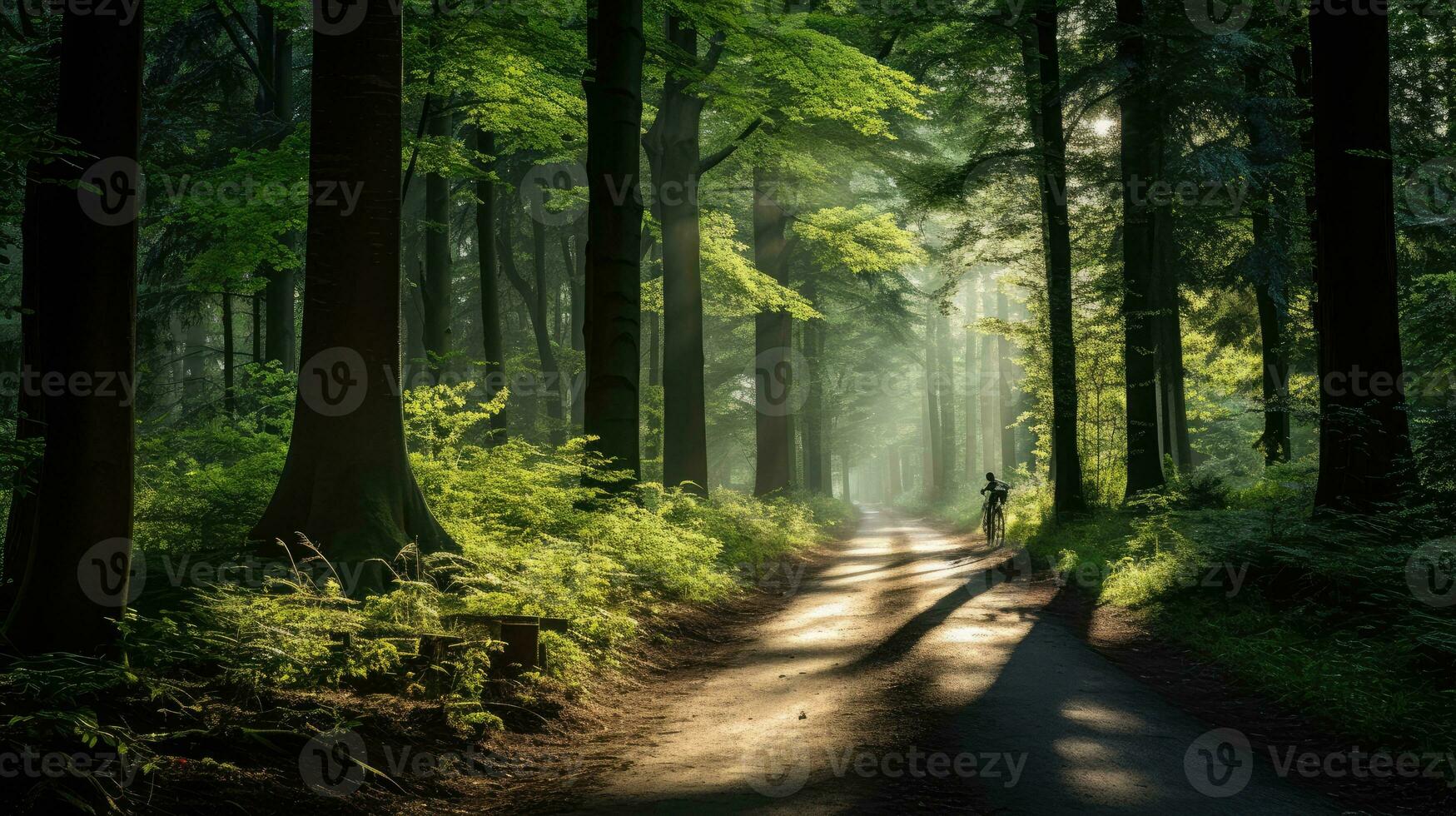 A forest with trees and a path in the morning with the sun shining on the street photo