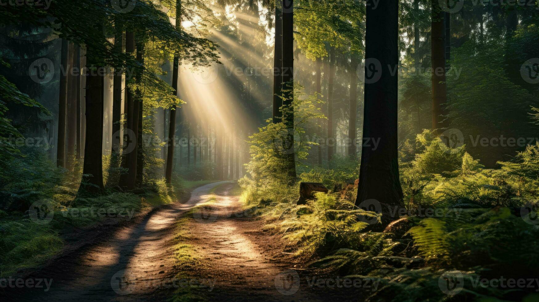 A forest with trees and a path in the morning with the sun shining on the street photo