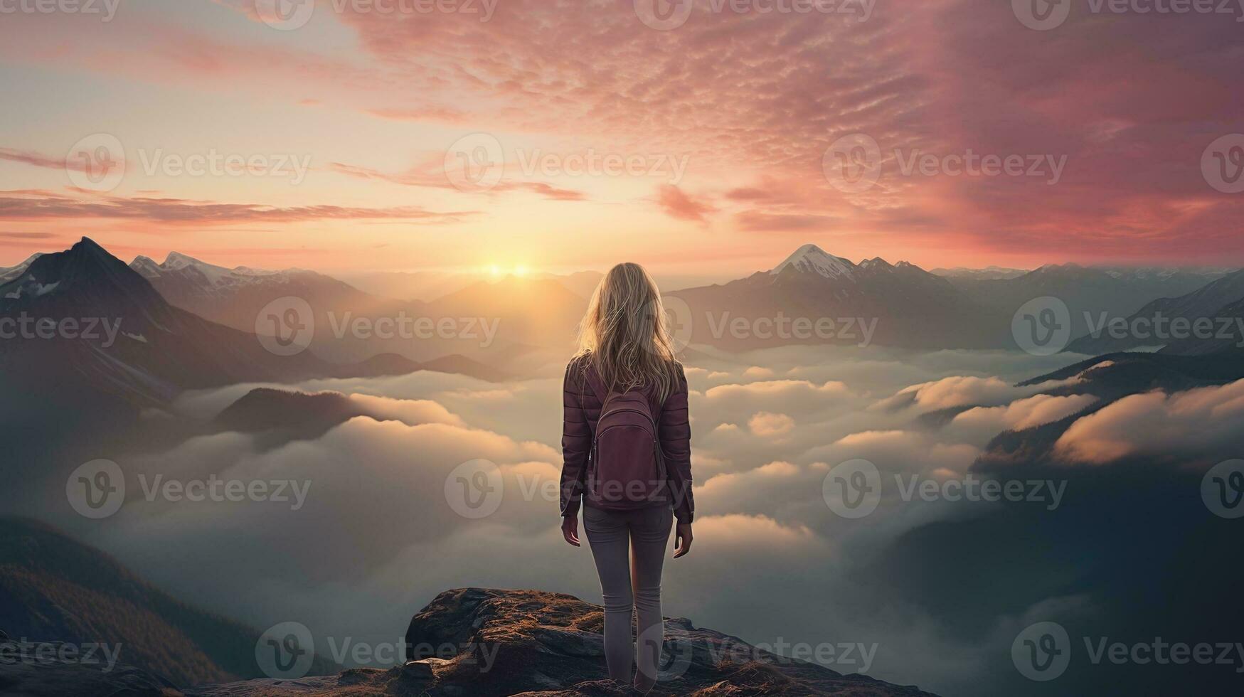 a woman on top of a mountain peak with view of clouds and sunrise photo