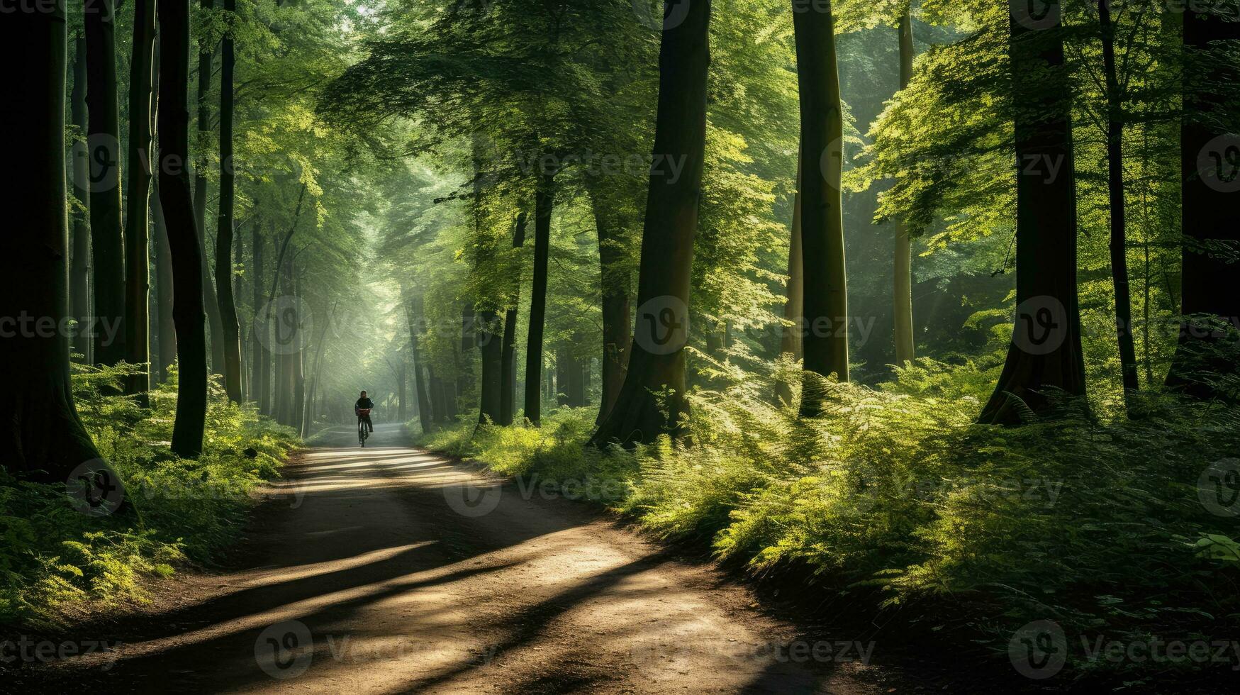 A forest with trees and a path in the morning with the sun shining on the street photo
