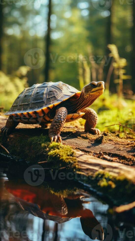 Wildlife turtle on top of a log with forest background photo
