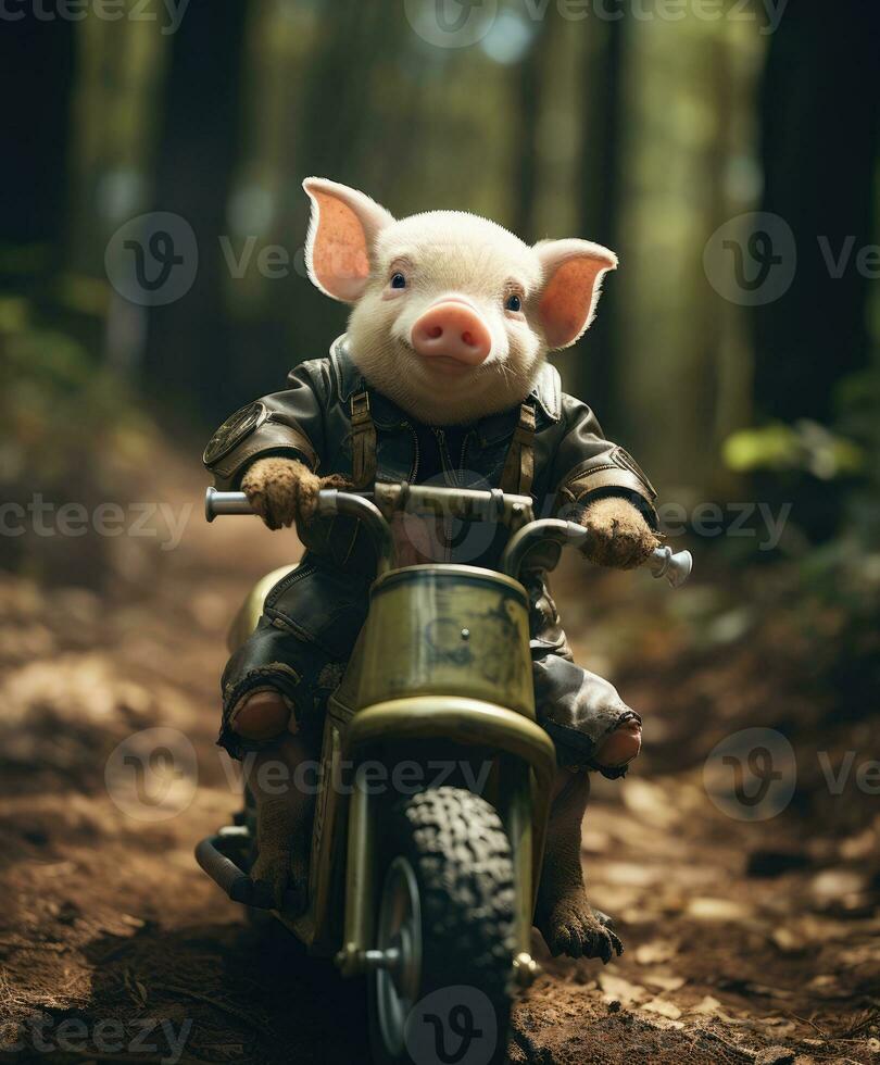 a cute pig on a minibike riding through a forest photo