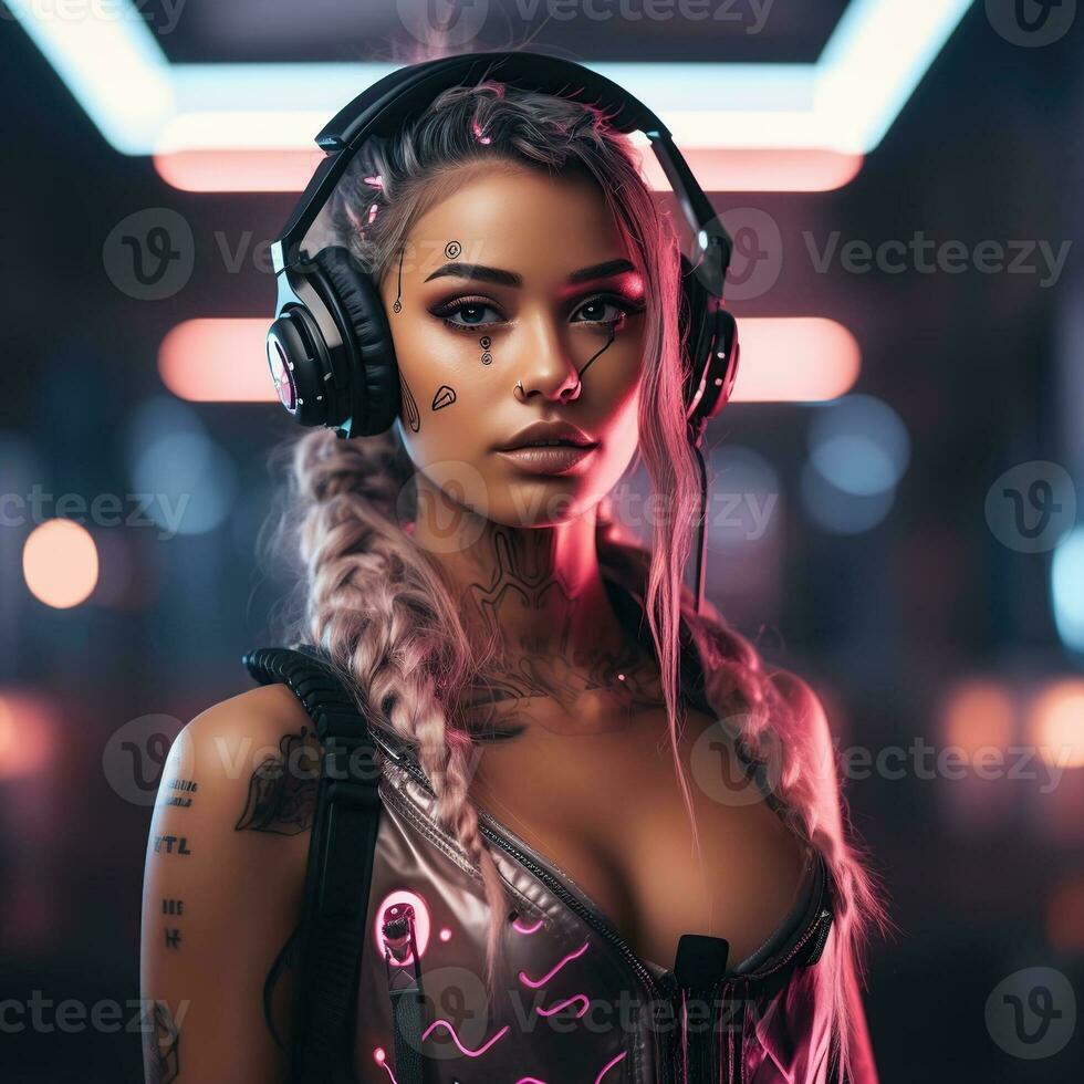 Cyberpunk woman portrait futuristic neon style photo