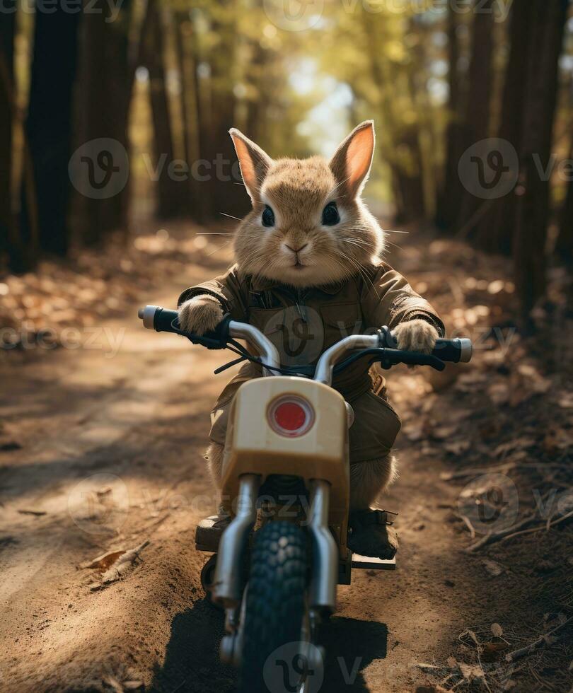a cute bunny on a minibike riding through a forest photo