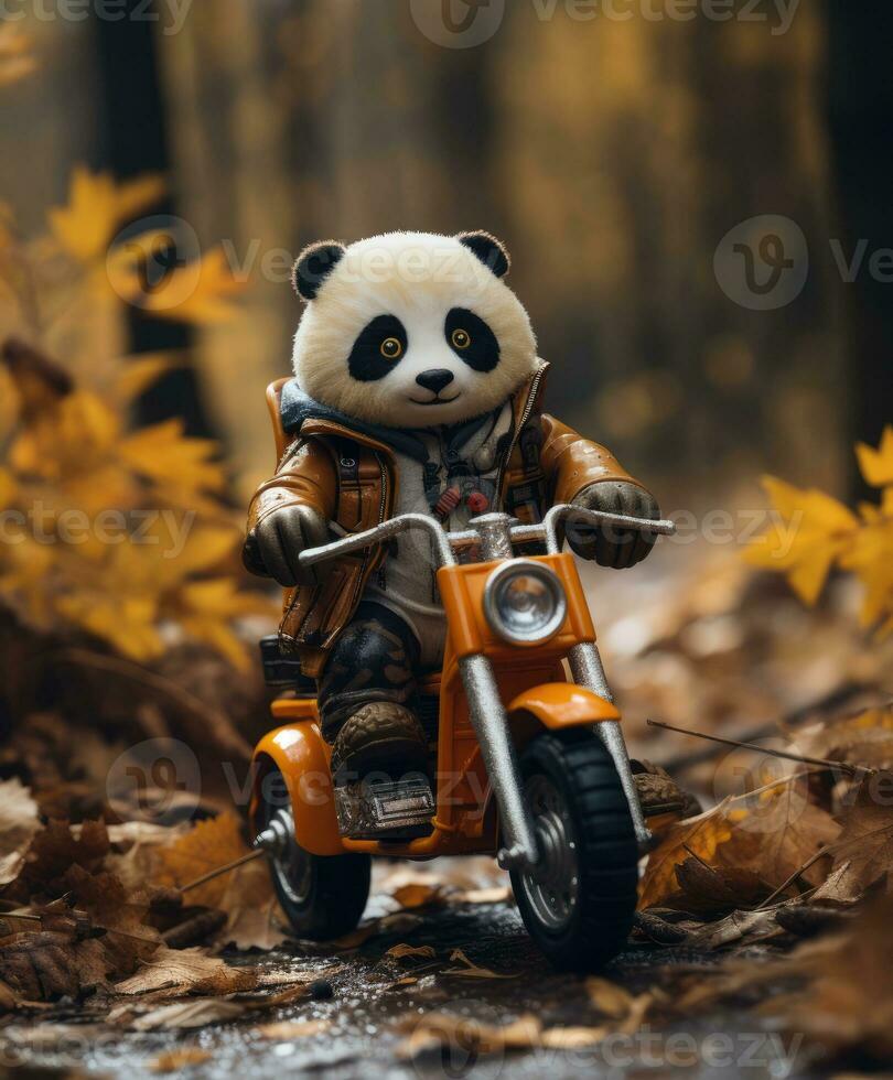 a cute panda on a minibike riding through a forest photo