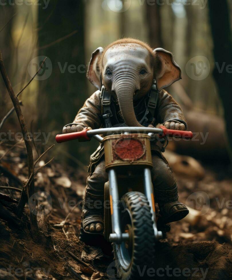 a cute baby elephant on a minibike riding through a forest photo
