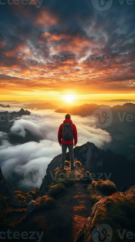 a man on top of a mountain peak with view of clouds and sunrise photo