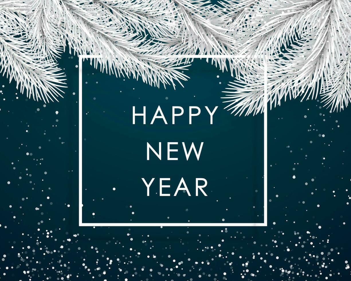 Merry Christmas and Happy New Year Greeting Card. Christmas tree branches on dark background and white frame. Holiday decoration elements. Vector illustration