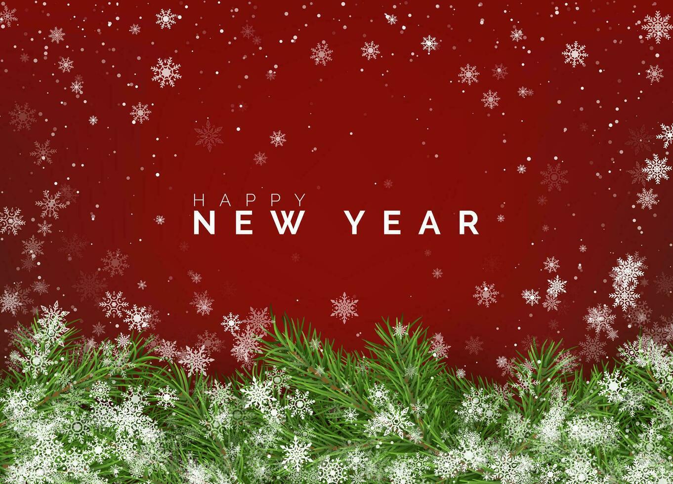 Merry Christmas and Happy New Year Greeting Card. Christmas tree branches on red background with white falling snowflakes. Holiday decoration elements. Vector illustration