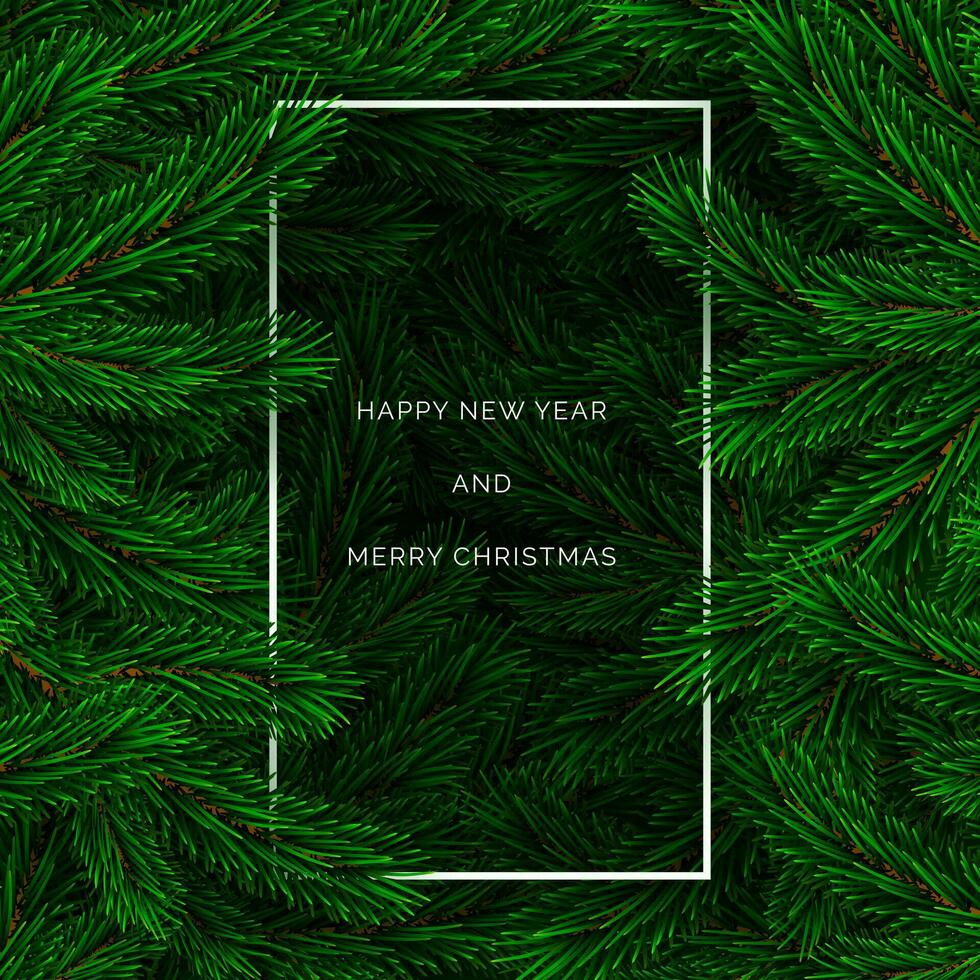 Happy New Year Banner. Fir branch backdrop with white frame. Christmas decoration element. Green colorful pine pattern. New Year tree branches background. Vector illustration
