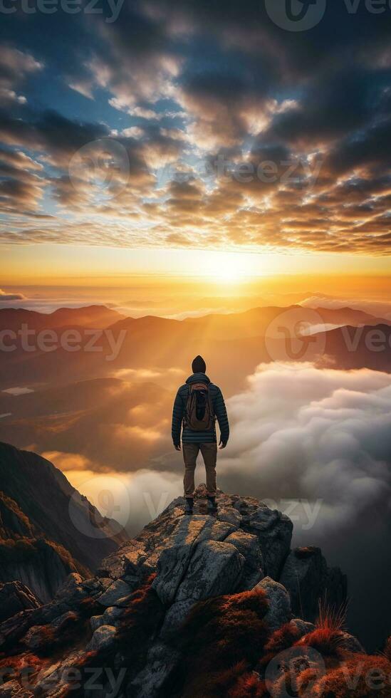 a man on top of a mountain peak with view of clouds and sunrise photo