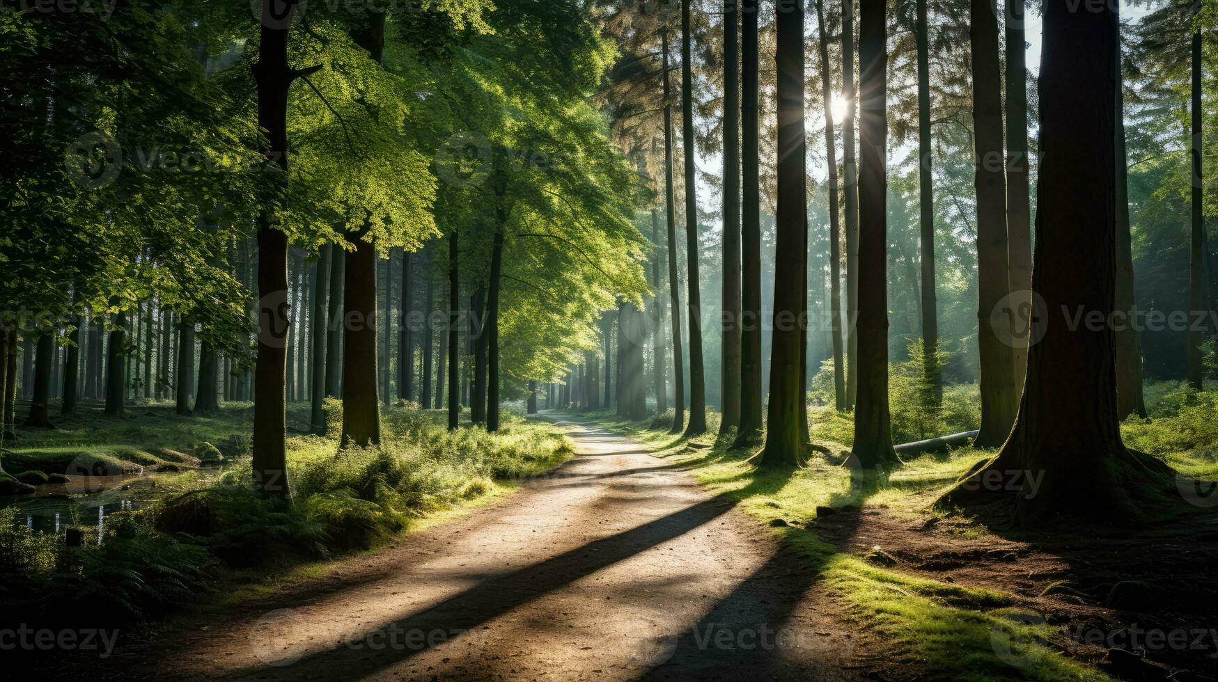 A forest with trees and a path in the morning with the sun shining on the street photo